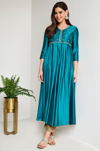 Teal Solid Flared Kurta, Teal, image 1